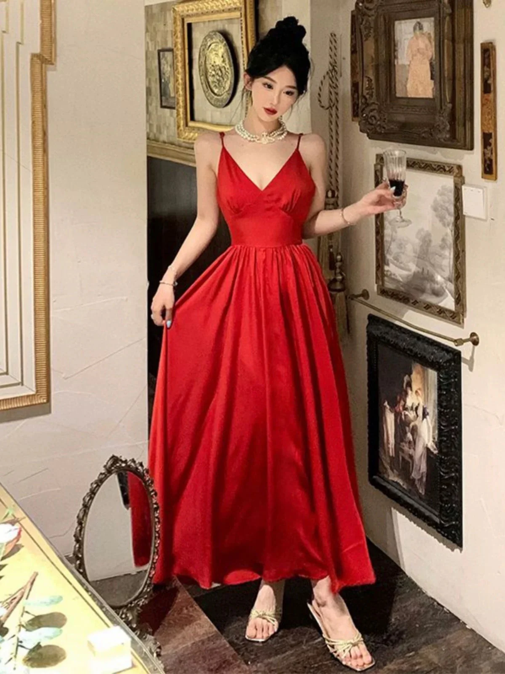 A Line Spaghetti Straps Red Ankle Length Evening Dress Prom Dresses Birthday Outfits cg26202