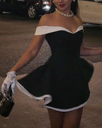Black one-shoulder gentle white edge neckline A-line slim cute mini skirt homecoming dress R2443