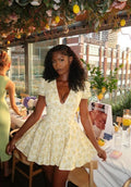 Yellow small floral deep V sexy puff sleeve A-line tutu skirt homecoming dress R2456