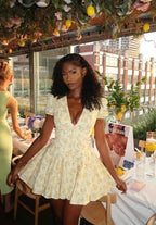Yellow small floral deep V sexy puff sleeve A-line tutu skirt homecoming dress R2456