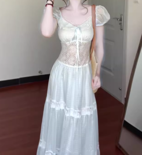 Gentle blue lace puff sleeve dress holiday temperament waist A-line long skirt R0862