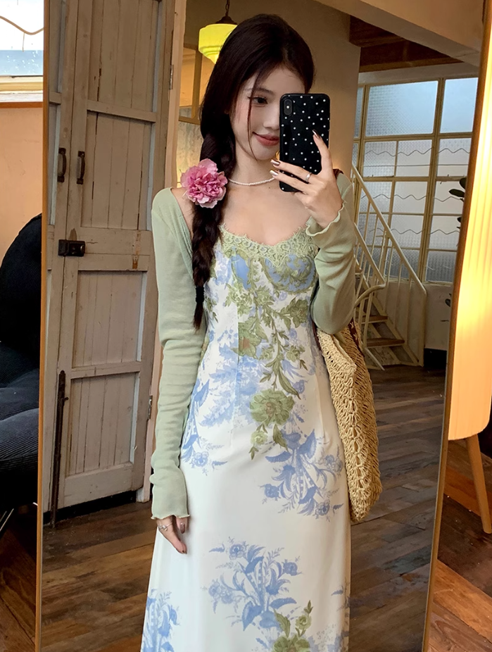 Fairy New Chinese Retro Jacquard Suspender Skirt Flower Long Skirt Tea Break Dress R1759