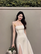 Large size French pure desire high-end tube top dress slit sexy dress long skirt R1858