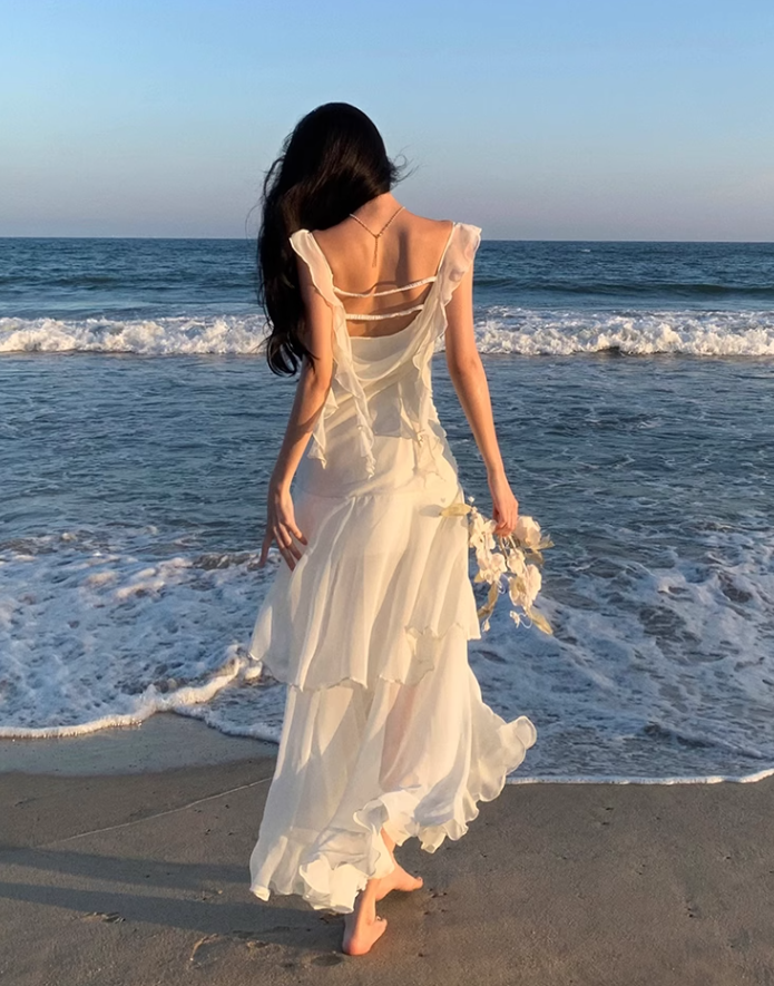 French style white suspenders beautiful small skirt seaside holiday dress fairy skirt R1605
