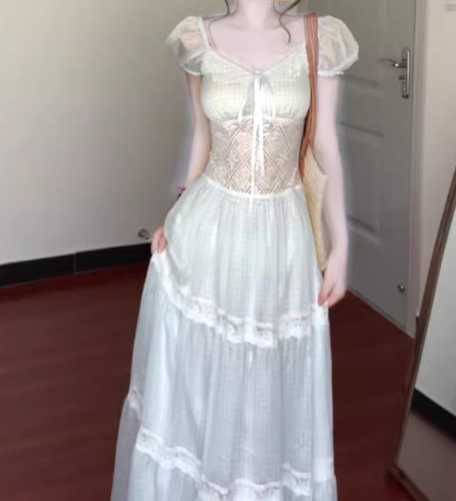 Gentle blue lace puff sleeve dress holiday temperament waist A-line long skirt R0862