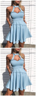 A-Line Crew Short Light Blue Keyhole Homecoming Party Dress with Pockets  cg10053