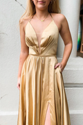 Halter Lace-Up Mesh Gold Long Prom Dress with Slit   cg10136