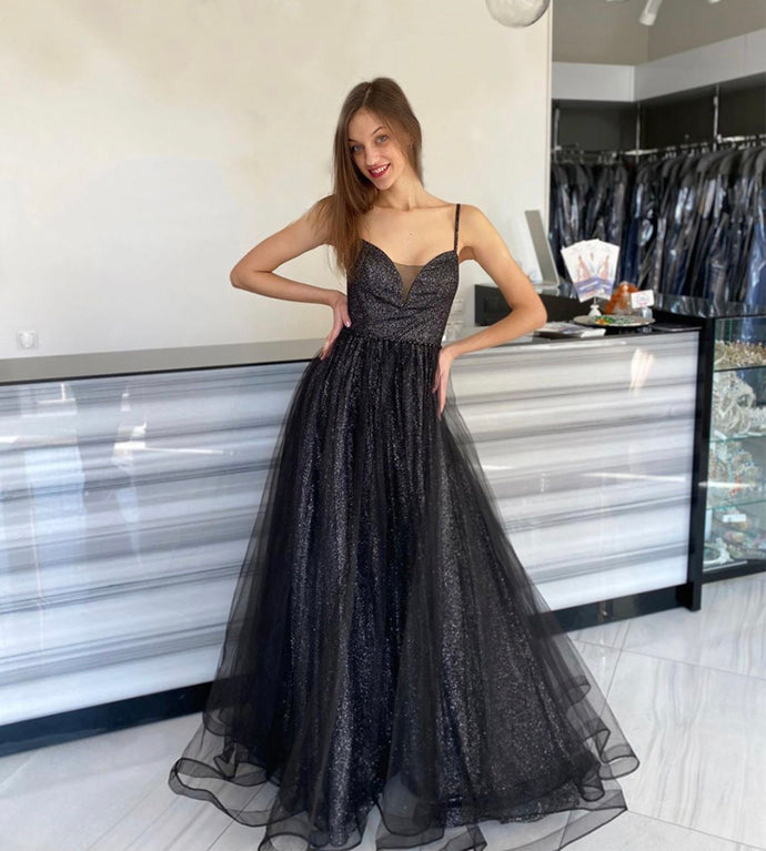 BLACK TULLE SEQUINS LONG PROM DRESS EVENING DRESS   cg10490