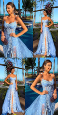 Spaghetti Straps Blue Prom Dresses with Appliques   cg10520