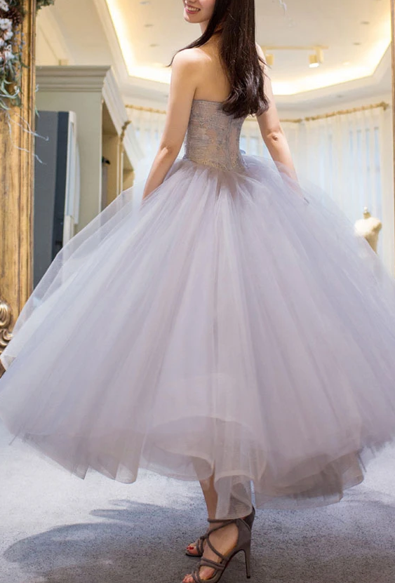 GRAY SWEETHEART TULLE LACE SHORT PROM GOWN, GRAY LACE COCKTAIL DRESS   cg10582