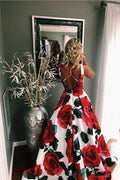 A-Line V-Neck Sweep Train Criss-Cross Straps Satin Floral Prom Dress with Pockets   cg10596