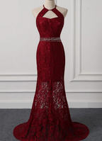 Beautiful Dark Red Lace Halter Beaded Evening Dress, Mermaid Prom Dress   cg10646