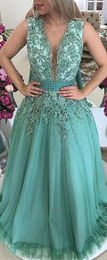 Graceful Tulle V-neck Neckline A-line Prom Dress With Beaded Lace Appliques & Bowknot   cg10685