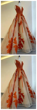 A Line Tulle Prom Dresses V Neck With Beads And Appliques   cg10721