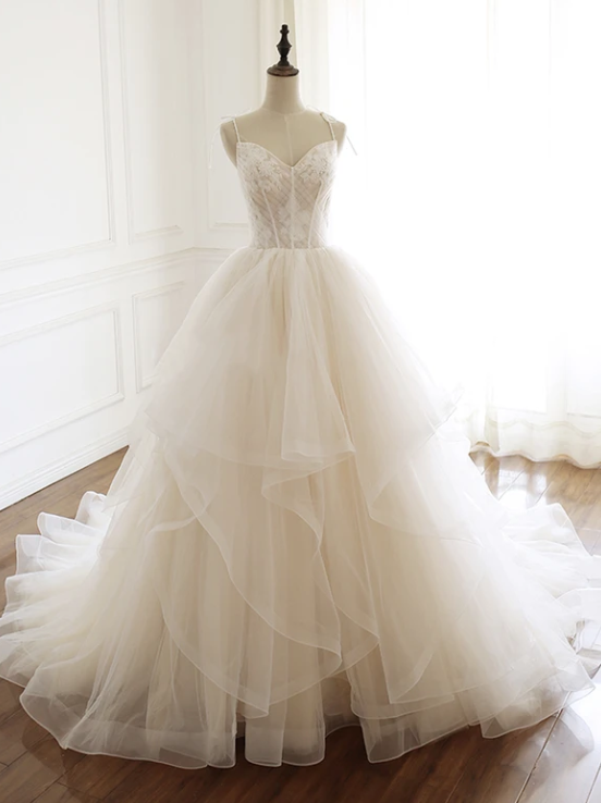 Champagne tulle lace long ball prom dress  cg10816