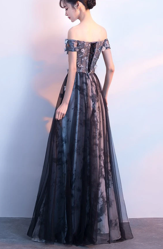 Beautiful Off Shoulder A-Line Tulle With Floral Lace Applique, Long Evening Dress   cg11017