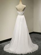 White Chiffon Simple Beaded Round Neckline Long Prom Dress, White Formal Dress   cg11045