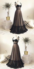 Vintage Polka Dots Spaghetti Straps Black Long Prom Dress   cg11059