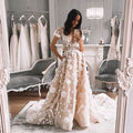 Romantic A-Line V Neck Open Back Short Sleeved Champagne Tulle 3D Flowers Appliques   prom Dresses   cg11379