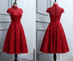 Red Lace Knee Length High Neckline Party Dress, Lace Homecoming Dresses   cg11726