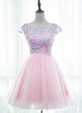 Pink Tulle Cute Girls Party Dresses, Lovely Short Round Neckline with Flowers Party homecoming Dresses   cg11755