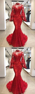 Long Sleeve High-Neck Long Red Prom Dresses   cg11773