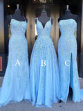 Sheath Spaghetti Straps V-neck Sleeveless Appliques Long Blue Prom Dresses   cg11883
