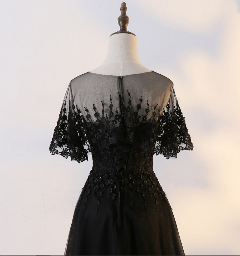 Black Tulle Long Party Dress With Lace Applique, Black Formal prom Gown   cg11896