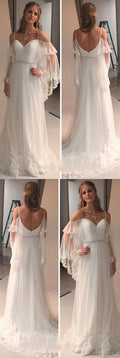 Elegant Cold Shoulders Hippie A Line Tulle Long Sweep Train Wedding prom Dress    cg12166