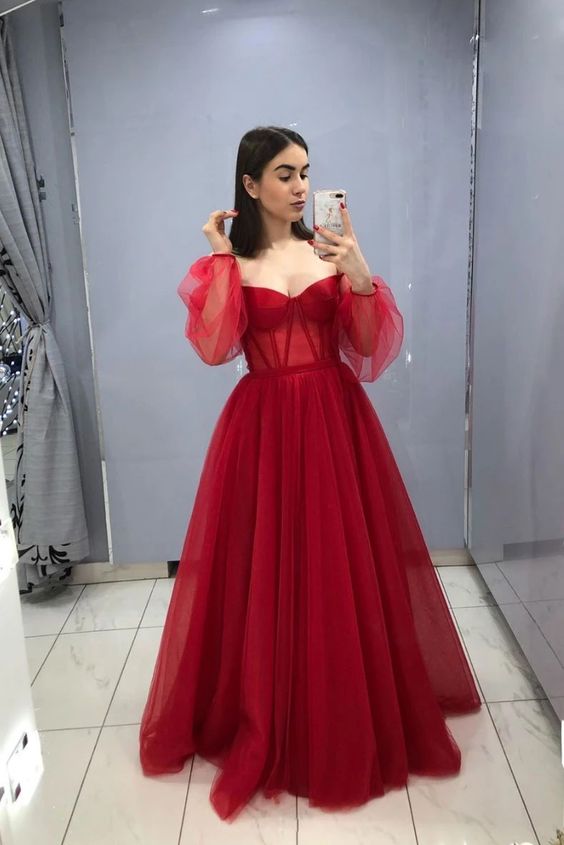 Burgundy Tulle Long Sleeves Prom Dress A Line Formal Dress    cg12198