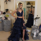 Sparkly Navy Two Pieces Evening Dresses Long Hi-Lo Tiered Tulle V-neck A-line Sequins Crystals Prom Party Dress   cg12449