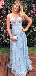 Pale Blue 3D Lace Sweetheart A-line Elegant Prom Dresses   cg12481