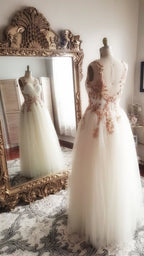 Gold and Blush Floral Embroidered Beaded A-Line  Formal Gown Prom Dress 2021   cg12744