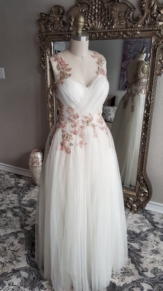Gold and Blush Floral Embroidered Beaded A-Line  Formal Gown Prom Dress 2021   cg12744