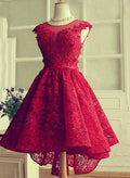 Fashionable Wine Red Lace High Low Party Dress, Lace Homecoming Dress   cg12803