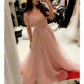 pink prom dresses 2020 tassel short sleeve tulle floor length pink evening dresses   cg12850