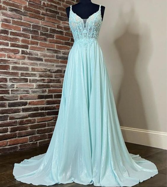 Spaghetti Long A-line Lace Chiffon Prom Dresses   cg13040
