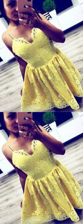 Spaghetti Straps Yellow Lace Short Homecoming Dress    cg13278