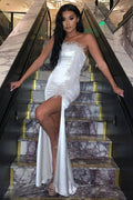Ivory Satin Feather Bandeau Split Maxi prom Dress    cg13381
