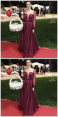 A-Line Round Neck Illusion Jewel Burgundy Beaded Prom Dress   cg13826