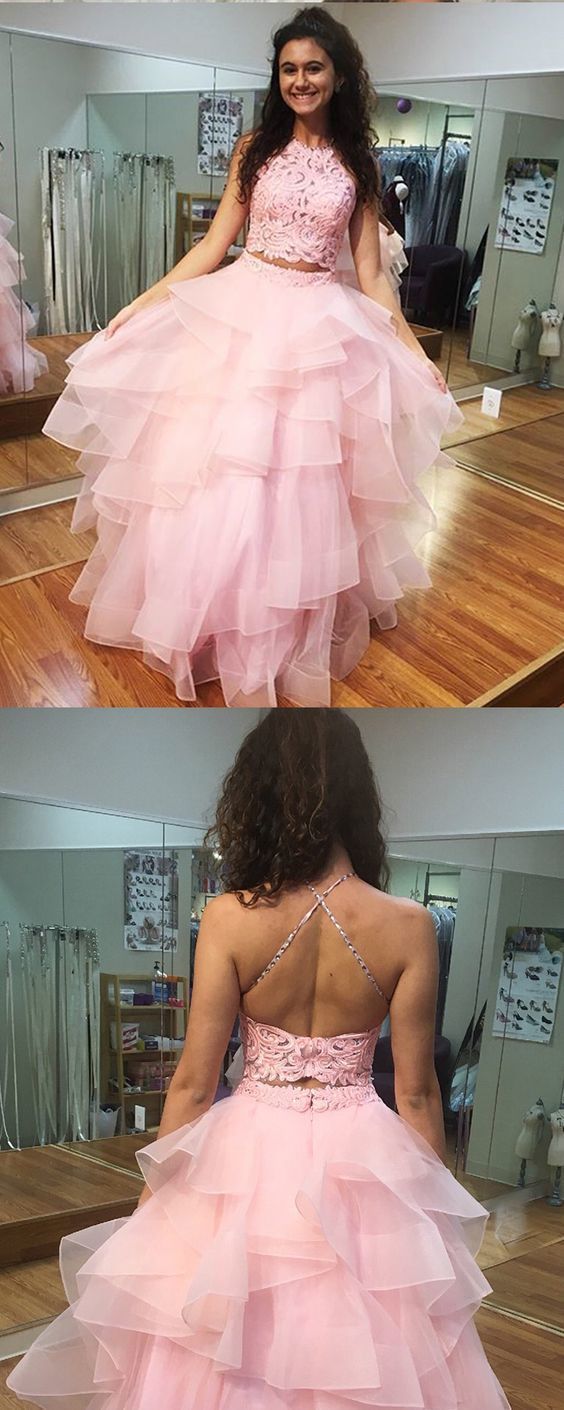 Long High Neck Pink Lace Bodice Ruffled Ball Gown Prom Dress   cg14175