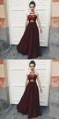 Fashion Halter Burgundy Lace Appliques A Line Prom Dresses Evening Formal Party Dress    cg14364