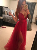 Red Tulle V-Neck Prom Dress,Spaghetti Straps Tulle Prom Dress   cg13575