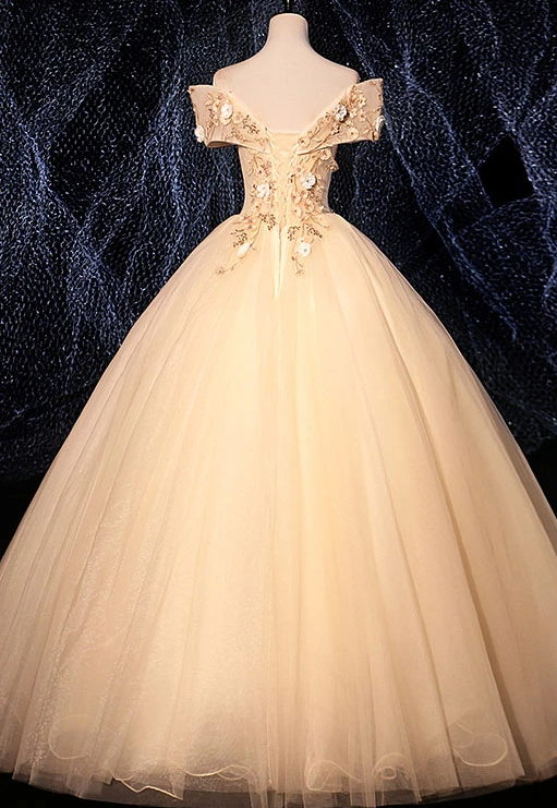CHAMPAGNE V NECK TULLE LACE LONG PROM DRESS CHAMPAGNE EVENING DRES   cg14743