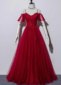 Dark Red Sweetheart Straps Tulle Evening Gown, Wine Red Prom Dress   cg14765