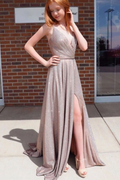 Simple v neck sequin satin long prom dress sequin evening dress   cg14766