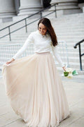 Simple Unique Long Sleeves Two Piece Prom Dress with Nude Tulle Skirt   cg14781