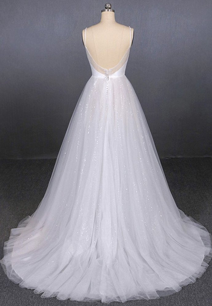 White tulle sequins long prom dress white evening dress   cg15032