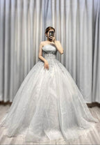Grey tulle lace long ball gown prom  dress formal dress   cg15038