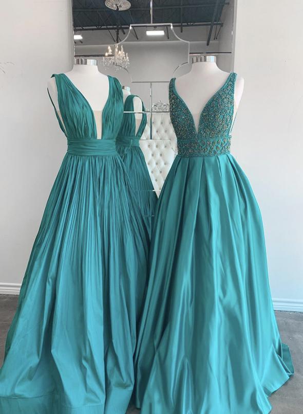 Blue v neck satin long prom dress blue evening dress   cg15211